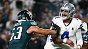 Philadelphia Eagles linebacker Zack Baun hits Dallas Cowboys quarterback Dak Prescott at Lincoln Financial Field. 
