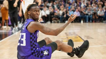 Apr 12, 2024; Sacramento, California, USA; Sacramento Kings guard Keon Ellis (23) reacts to a non call during the fourth quarter at Golden 1 Center. Mandatory Credit: Ed Szczepanski-USA TODAY Sports