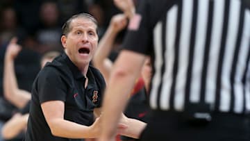 USC Trojans head coach Eric Musselman talks to an official Thursday, March 13, 2025, during the Big Ten Men’s Basketball Tournament game against the Purdue Boilermakers at Gainbridge Fieldhouse in Indianapolis. Purdue Boilermakers won 76-71.
