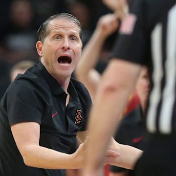 USC Trojans head coach Eric Musselman talks to an official Thursday, March 13, 2025, during the Big Ten Men’s Basketball Tournament game against the Purdue Boilermakers at Gainbridge Fieldhouse in Indianapolis. Purdue Boilermakers won 76-71.