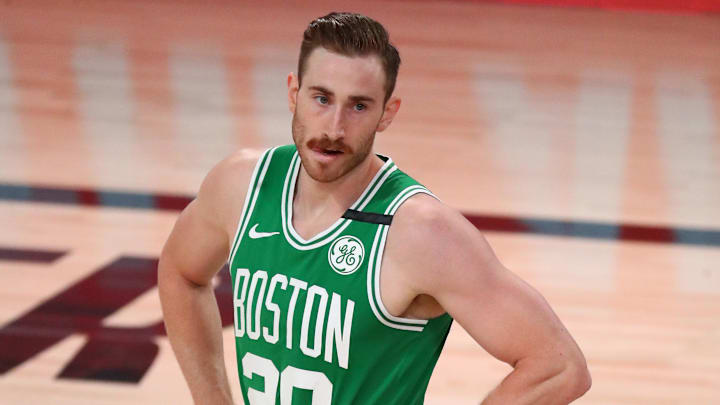 Sep 19, 2020; Lake Buena Vista, Florida, USA; Boston Celtics forward Gordon Hayward (20) reacts during the first half of game three of the Eastern Conference Finals of the 2020 NBA Playoffs against the Miami Heat at ESPN Wide World of Sports Complex. Mandatory Credit: Kim Klement-Imagn Images