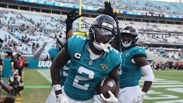 Sep 7, 2025; Jacksonville, Florida, USA; Jacksonville Jaguars cornerback Jourdan Lewis (2) celebrates a fumble recovery against the Carolina Panthers during the first half at EverBank Stadium. Mandatory Credit: Morgan Tencza-Imagn Images