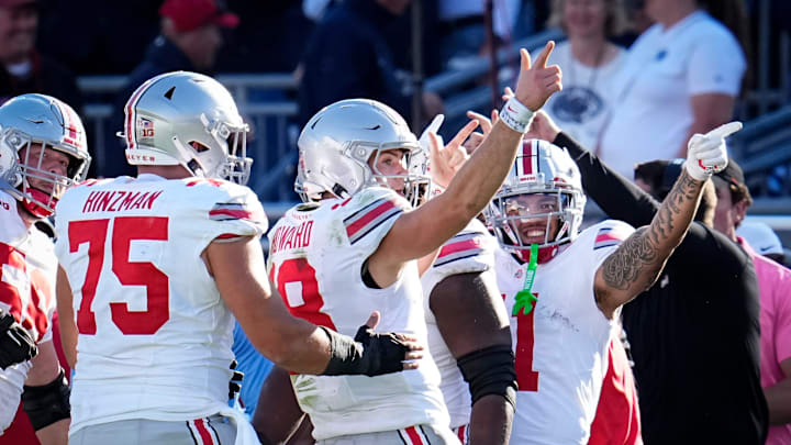 Ohio State Buckeyes quarterback Will Howard (18) celebrates a first down run during the NCAA football game against the Penn State Nittany Lions at Beaver Stadium in University Park, Pa. on Monday, Nov. 4, 2024. Ohio State won 20-13.