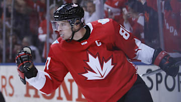 Sep 24, 2016; Toronto, Ontario, Canada; Team Canada forward Sidney Crosby (87)  celebrates his goal against Team Russia during the first period of a semifinal game in the 2016 World Cup of Hockey at Air Canada Centre. Mandatory Credit: John E. Sokolowski-Imagn Images