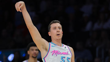 Feb 28, 2025; Miami, Florida, USA; Miami Heat forward Duncan Robinson (55) scores against the Indiana Pacers during the fourth quarter at Kaseya Center. Mandatory Credit: Sam Navarro-Imagn Images