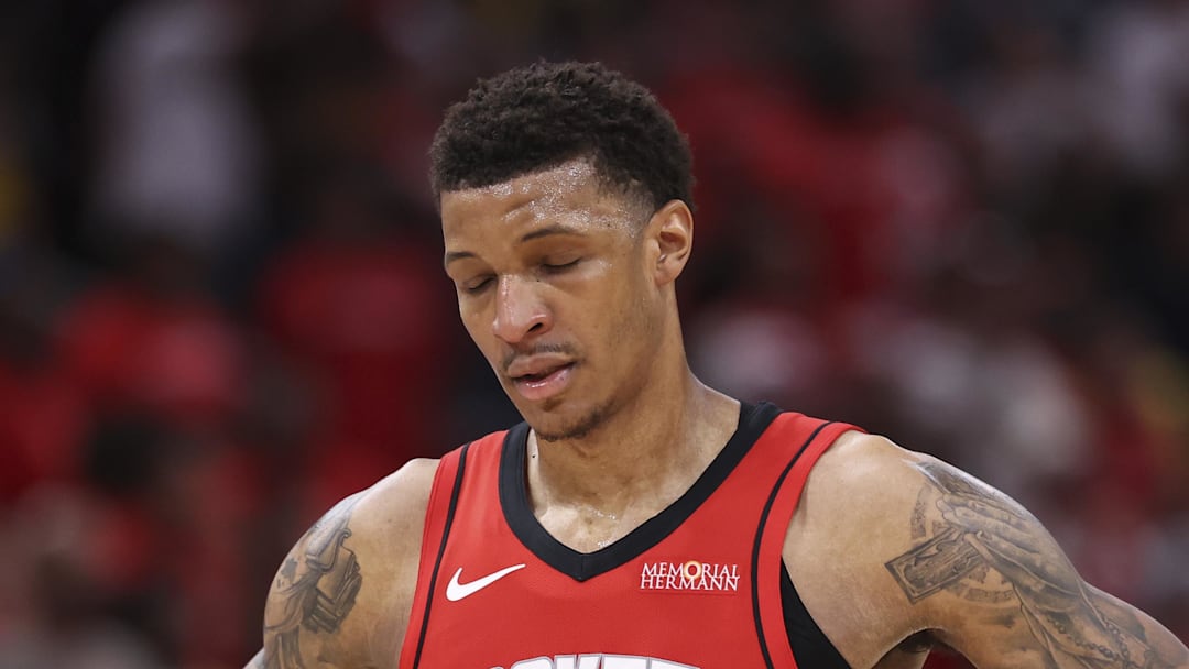 Apr 24, 2026; Houston, Texas, USA; Houston Rockets forward Jabari Smith Jr. (10) reacts after a play during overtime against the Los Angeles Lakers during game three of the first round of the 2026 NBA Playoffs at Toyota Center. Mandatory Credit: Troy Taormina-Imagn Images