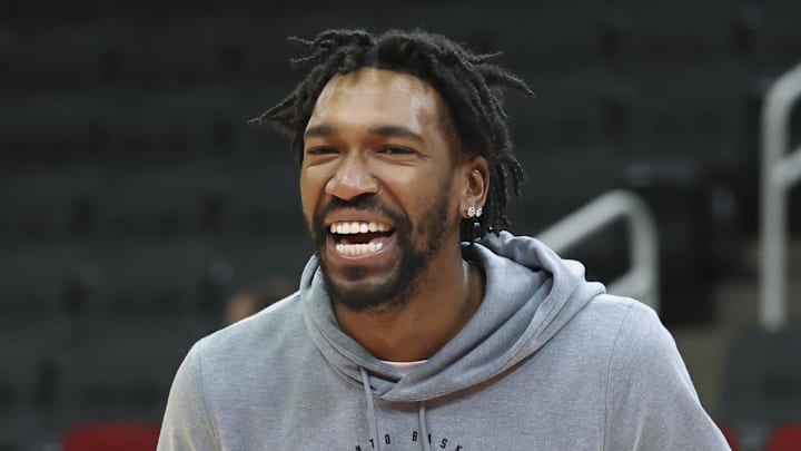 Feb 25, 2026; Houston, Texas, USA; Sacramento Kings guard Malik Monk (0) warms up before the game against the Houston Rockets at Toyota Center. Mandatory Credit: Troy Taormina-Imagn Images