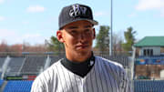 Hudson Valley Renegades infielder George Lombard Jr. is interviewed during media day on April 1, 2025.
