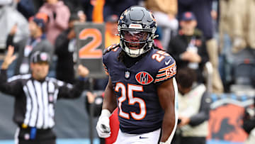 Oct 19, 2025; Chicago, Illinois, USA; Chicago Bears running back Kyle Monangai (25) reacts after rushing for a touchdown against the New Orleans Saints during the second quarter at Soldier Field. Mandatory Credit: Mike Dinovo-Imagn Images