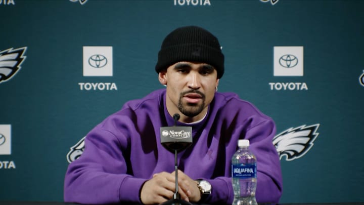 Philadelphia Eagles quarterback Jalen Hurts speaks to the press on Jan. 15, 2025.