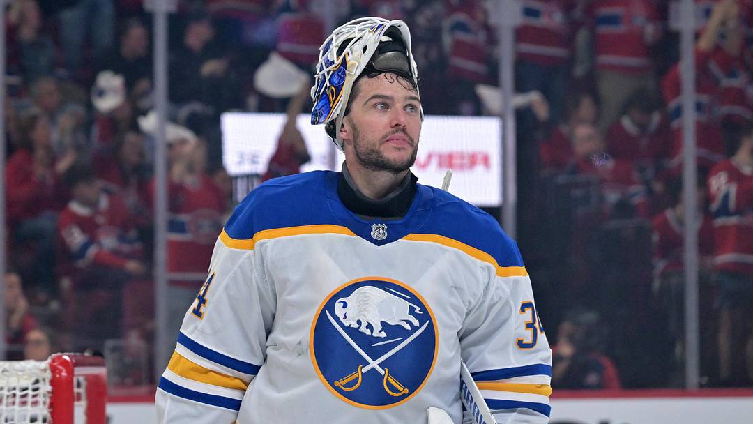 May 10, 2026; Montreal, Quebec, CAN; Buffalo Sabres goalie Alex Lyon (34) during the third period against the Montreal Canadiens in game three of the second round of the 2026 Stanley Cup Playoffs at the Bell Centre. Mandatory Credit: Eric Bolte-Imagn Images May 10, 2026; Montreal, Quebec, CAN; Buffalo Sabres goalie Alex Lyon (34) during the third period against the Montreal Canadiens in game three of the second round of the 2026 Stanley Cup Playoffs at the Bell Centre. Mandatory Credit: Eric Bolte-Imagn Images