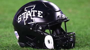 Jan 2, 2021; Glendale, AZ, USA; Detailed view of an Iowa State Cyclones helmet during the Fiesta Bowl at State Farm Stadium. Mandatory Credit: Mark J. Rebilas-Imagn Images