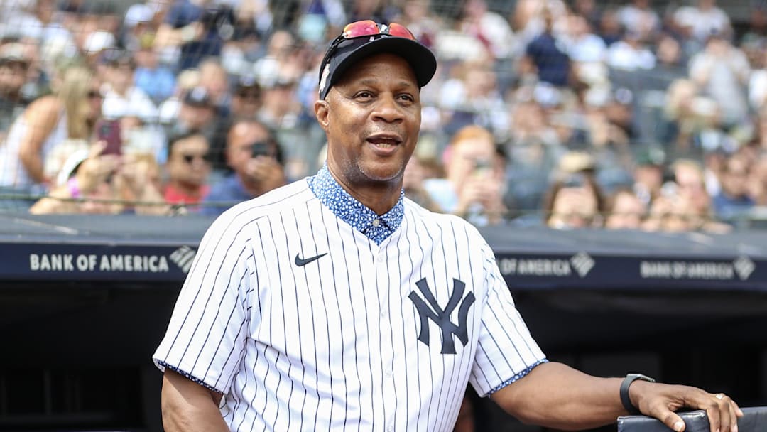 Sep 9, 2023; Bronx, New York, USA;  Former New York Yankees outfielder Darryl Strawberry at Old Timer   s Day before the game against the Milwaukee Brewers at Yankee Stadium. Mandatory Credit: Wendell Cruz-Imagn Images