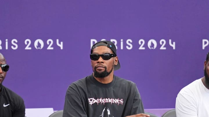 Aug 1, 2024; Paris, France; Kevin Durant attends a pool round game between the United States and Australia during the Paris 2024 Olympic Summer Games at La Concorde 1. Mandatory Credit: Kirby Lee-USA TODAY Sports