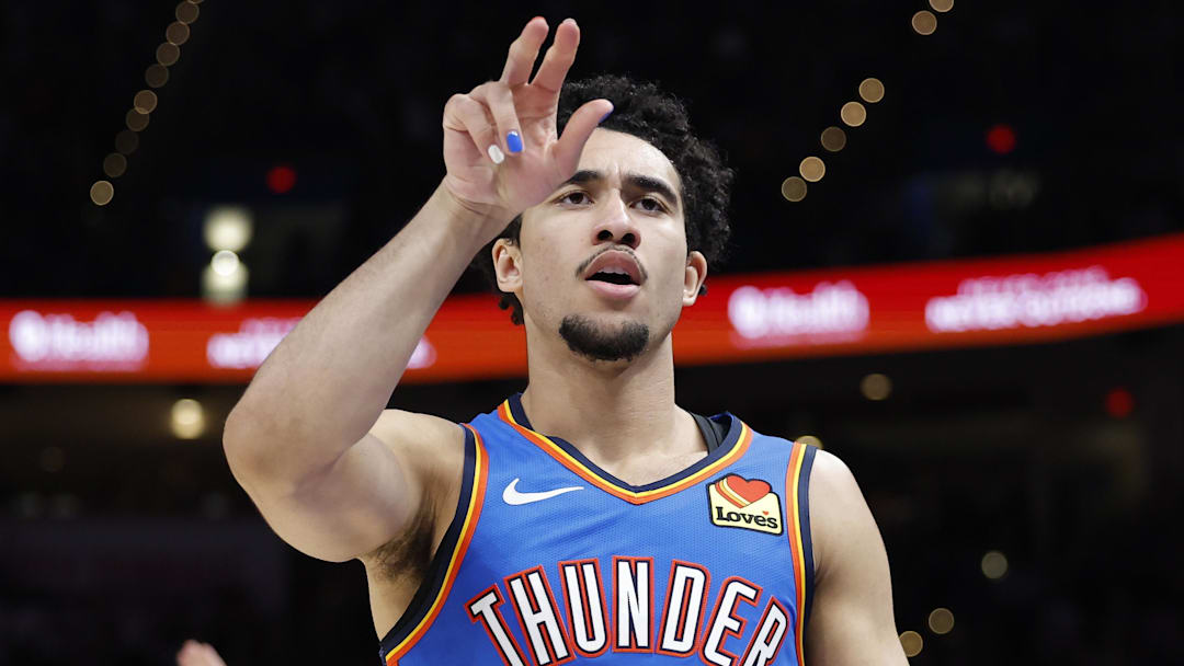Oklahoma City Thunder guard Jared McCain (3) gestures after scoring against the Denver Nuggets during the second half at Paycom Center.