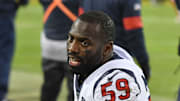 Jan 12, 2020; Kansas City, Missouri, USA; Houston Texans outside linebacker Whitney Mercilus (59) on the sidelines during the AFC Divisional Round playoff football game against the Kansas City Chiefs at Arrowhead Stadium.  