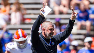 Florida Gators head coach Billy Napier blows his whistle during warm ups before the Orange and Blue game at Ben Hill Griffin Stadium in Gainesville, FL on Saturday, April 13, 2024 [Doug Engle/Gainesville Sun]2024