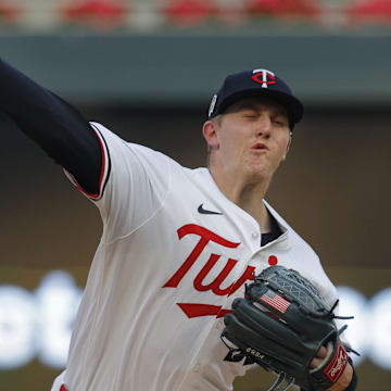 Minnesota Twins starting pitcher Zebby Matthews (52) throws to the Los Angeles Angels in the first inning at Target Field in Minneapolis on Sept. 11, 2024.