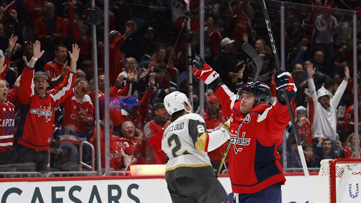 Oct 15, 2024; Washington, District of Columbia, USA; Washington Capitals left wing Jakub Vrana (13) celebrates after scoring a goal against the Vegas Golden Knights in the first period at Capital One Arena. Mandatory Credit: Geoff Burke-Imagn Images Oct 15, 2024; Washington, District of Columbia, USA; Washington Capitals left wing Jakub Vrana (13) celebrates after scoring a goal against the Vegas Golden Knights in the first period at Capital One Arena. Mandatory Credit: Geoff Burke-Imagn Images