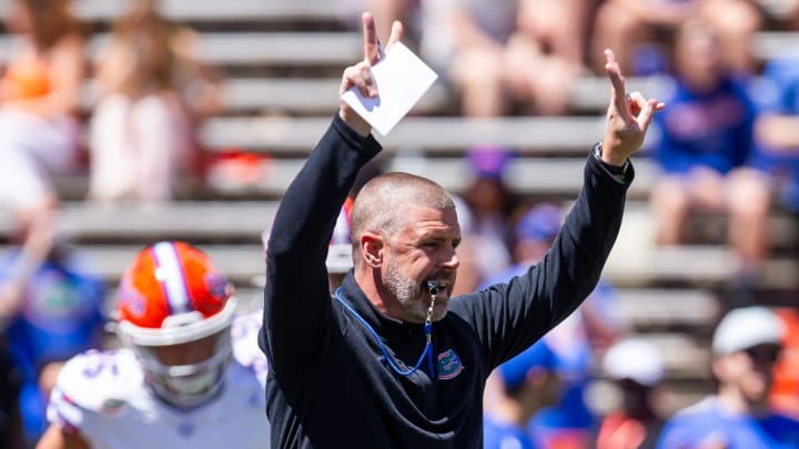 Florida Gators head coach Billy Napier blows his whistle during warm ups before the Orange and Blue game at Ben Hill Griffin Stadium in Gainesville, FL on Saturday, April 13, 2024 [Doug Engle/Gainesville Sun]2024