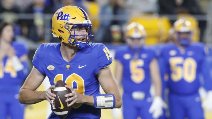 Nov 16, 2023; Pittsburgh, Pennsylvania, USA; Pittsburgh Panthers quarterback Nate Yarnell (19) looks to pass against the Boston College Eagles during the first quarter at Acrisure Stadium. Mandatory Credit: Charles LeClaire-USA TODAY Sports