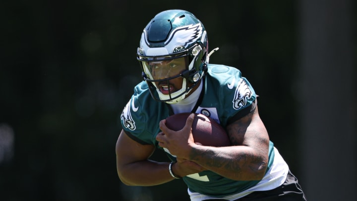 May 30, 2024; Philadelphia, PA, USA; Philadelphia Eagles running back Kenneth Gainwell (14) runs with the ball during practice at NovaCare Complex. Mandatory Credit: Bill Streicher-USA TODAY Sports