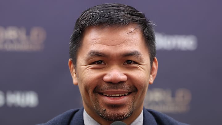 Former Filipino boxing star Manny Pacquiao speaks during a news conference on October 11, 2022. Former Filipino boxing star Manny Pacquiao speaks during a news conference on October 11, 2022.