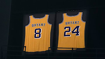 Mar 8, 2020; Los Angeles, California, USA; View of the retired Los Angeles Nos. 8 and 24 jerseys of Kobe Bryant at the Staples Center