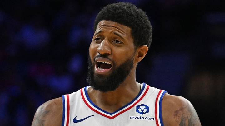 Apr 4, 2026; Philadelphia, Pennsylvania, USA; Philadelphia 76ers forward Paul George (8) questions the official against the Detroit Pistons during the second half at Xfinity Mobile Arena. Mandatory Credit: Eric Hartline-Imagn Images