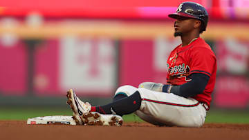 Sep 5, 2025; Atlanta, Georgia, USA; Atlanta Braves second baseman Ozzie Albies (1) reacts after stealing second base against the Seattle Mariners in the first inning at Truist Park.