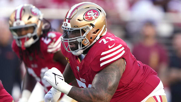 San Francisco 49ers offensive tackle Trent Williams prepares for a play. San Francisco 49ers offensive tackle Trent Williams prepares for a play.