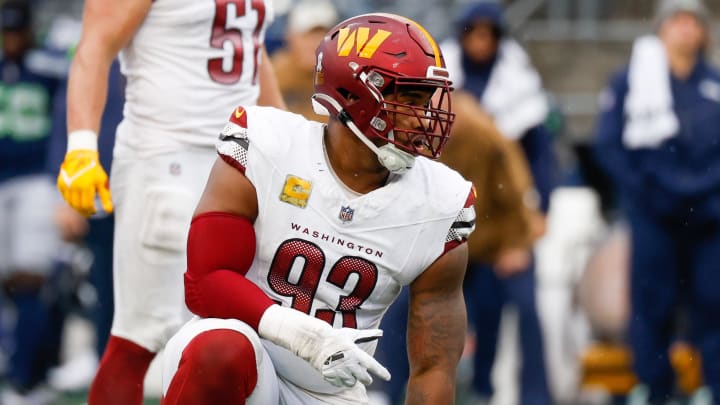 Nov 12, 2023; Seattle, Washington, USA; Washington Commanders defensive tackle Jonathan Allen (93) waits for a snap against the Seattle Seahawks during the second quarter at Lumen Field. Mandatory Credit: Joe Nicholson-USA TODAY Sports