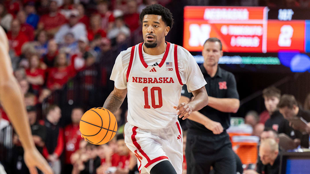 Nebraska guard Jamarques Lawrence dripples the ball up the floor against Creighton.