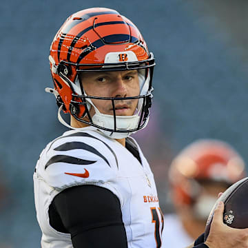 Aug 22, 2024; Cincinnati, Ohio, USA; Cincinnati Bengals quarterback Logan Woodside (11) stands on the field during warmups before the game against the Indianapolis Colts at Paycor Stadium. Mandatory Credit: Katie Stratman-Imagn Images
