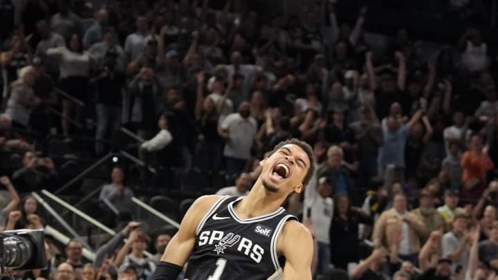 Apr 12, 2024; San Antonio, Texas, USA; San Antonio Spurs forward Victor Wembanyama (1) reacts after a victory over the Denver Nuggets at Frost Bank Center. Mandatory Credit: Scott Wachter-USA TODAY Sports