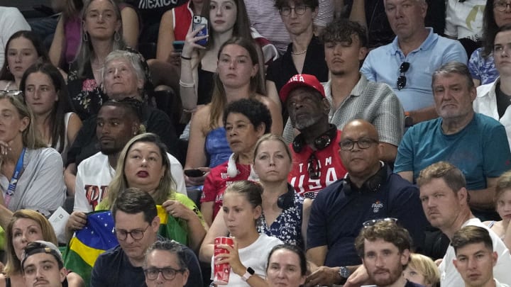 Jul 30, 2024; Paris, France; Family of Simone Biles including husband Jonathan Owens in the crowd during the women’s team final at the Paris 2024 Olympic Summer Games at Bercy Arena. 