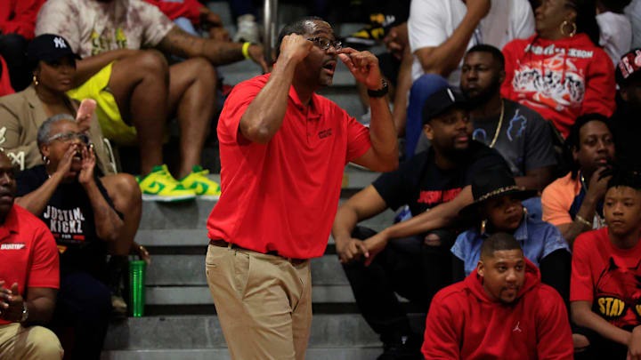 Jackson head coach James Collins calls to the team during the fourth quarter of a FHSAA District 3-4A boys basketball final matchup Saturday, Feb. 10, 2024 at Andrew Jackson High School in Jacksonville, Fla. 