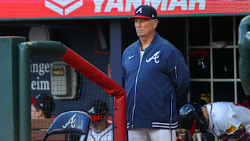 Apr 22, 2024; Atlanta, Georgia, USA; Atlanta Braves manager Brian Snitker (43) in the dugout against the Miami Marlins in the first inning at Truist Park. Mandatory Credit: Brett Davis-Imagn Images
