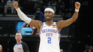 Nov 9, 2025; Memphis, Tennessee, USA; Oklahoma City Thunder guard Shai Gilgeous-Alexander (2) reacts during the third quarter against the Memphis Grizzlies at FedExForum. Mandatory Credit: Petre Thomas-Imagn Images
