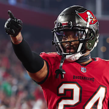 Jan 15, 2024; Tampa, Florida, USA; Tampa Bay Buccaneers cornerback Carlton Davis III (24) gestures after a play against the Philadelphia Eagles during the second half of a 2024 NFC wild card game at Raymond James Stadium. Mandatory Credit: Kim Klement Neitzel-Imagn Images