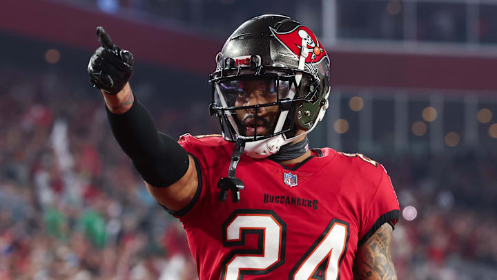 Jan 15, 2024; Tampa, Florida, USA; Tampa Bay Buccaneers cornerback Carlton Davis III (24) gestures after a play against the Philadelphia Eagles during the second half of a 2024 NFC wild card game at Raymond James Stadium. Mandatory Credit: Kim Klement Neitzel-Imagn Images