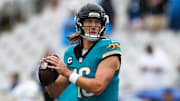 Oct 6, 2024; Jacksonville, Florida, USA; Jacksonville Jaguars quarterback Trevor Lawrence (16) warms up before a game against the Indianapolis Colts at EverBank Stadium. Mandatory Credit: Nathan Ray Seebeck-Imagn Images