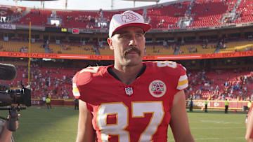 Aug 17, 2024; Kansas City, Missouri, USA; Kansas City Chiefs tight end Travis Kelce (87) on field after the game against the Detroit Lions at GEHA Field at Arrowhead Stadium. Mandatory Credit: Denny Medley-Imagn Images