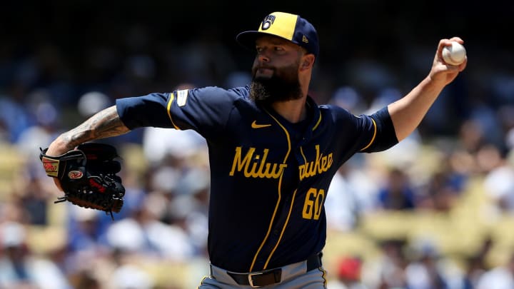 Jul 7, 2024; Los Angeles, California, USA; Milwaukee Brewers pitcher Dallas Keuchel (60) throws during the second inning against the Los Angeles Dodgers at Dodger Stadium. 