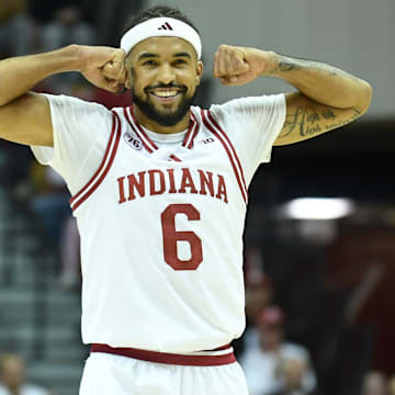Indiana's Tayton Conerway celebrates during the first half Nov. 5, 2025, against Alabama A&M at Simon Skjodt Assembly Hall.