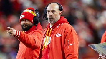 Jan 26, 2025; Kansas City, MO, USA; Kansas City Chiefs offensive coordinator Matt Nagy (right) and wide receivers coach Connor Embree against the Buffalo Bills in the AFC Championship game at GEHA Field at Arrowhead Stadium. Mandatory Credit: Mark J. Rebilas-Imagn Images
