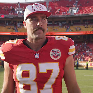 Aug 17, 2024; Kansas City, Missouri, USA; Kansas City Chiefs tight end Travis Kelce (87) on field after the game against the Detroit Lions at GEHA Field at Arrowhead Stadium. Mandatory Credit: Denny Medley-USA TODAY Sports