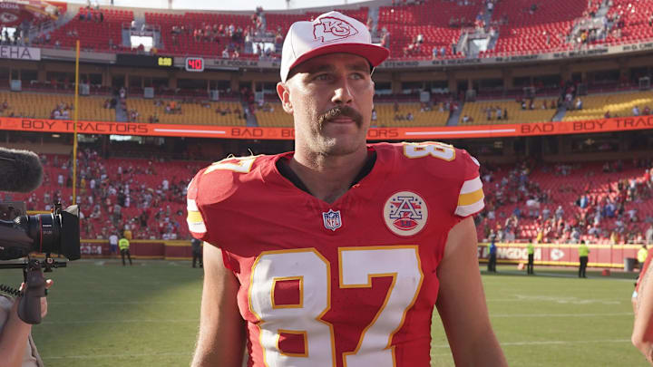 Aug 17, 2024; Kansas City, Missouri, USA; Kansas City Chiefs tight end Travis Kelce (87) on field after the game against the Detroit Lions at GEHA Field at Arrowhead Stadium. Mandatory Credit: Denny Medley-USA TODAY Sports