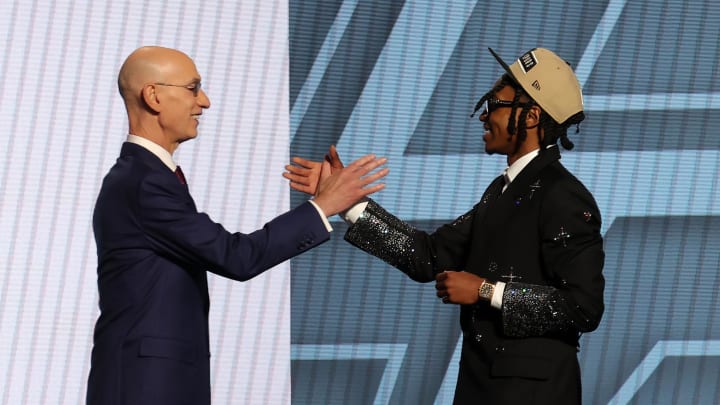 Jun 26, 2024; Brooklyn, NY, USA; Rob Dillingham shakes hands with NBA commissioner Adam Silver after being selected in the first round by the San Antonio Spurs in the 2024 NBA Draft at Barclays Center. Mandatory Credit: Brad Penner-USA TODAY Sports