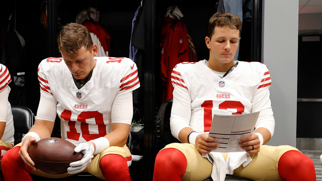 San Francisco 49ers quarterbacks Mac Jones (L) and Brock Purdy (R)
